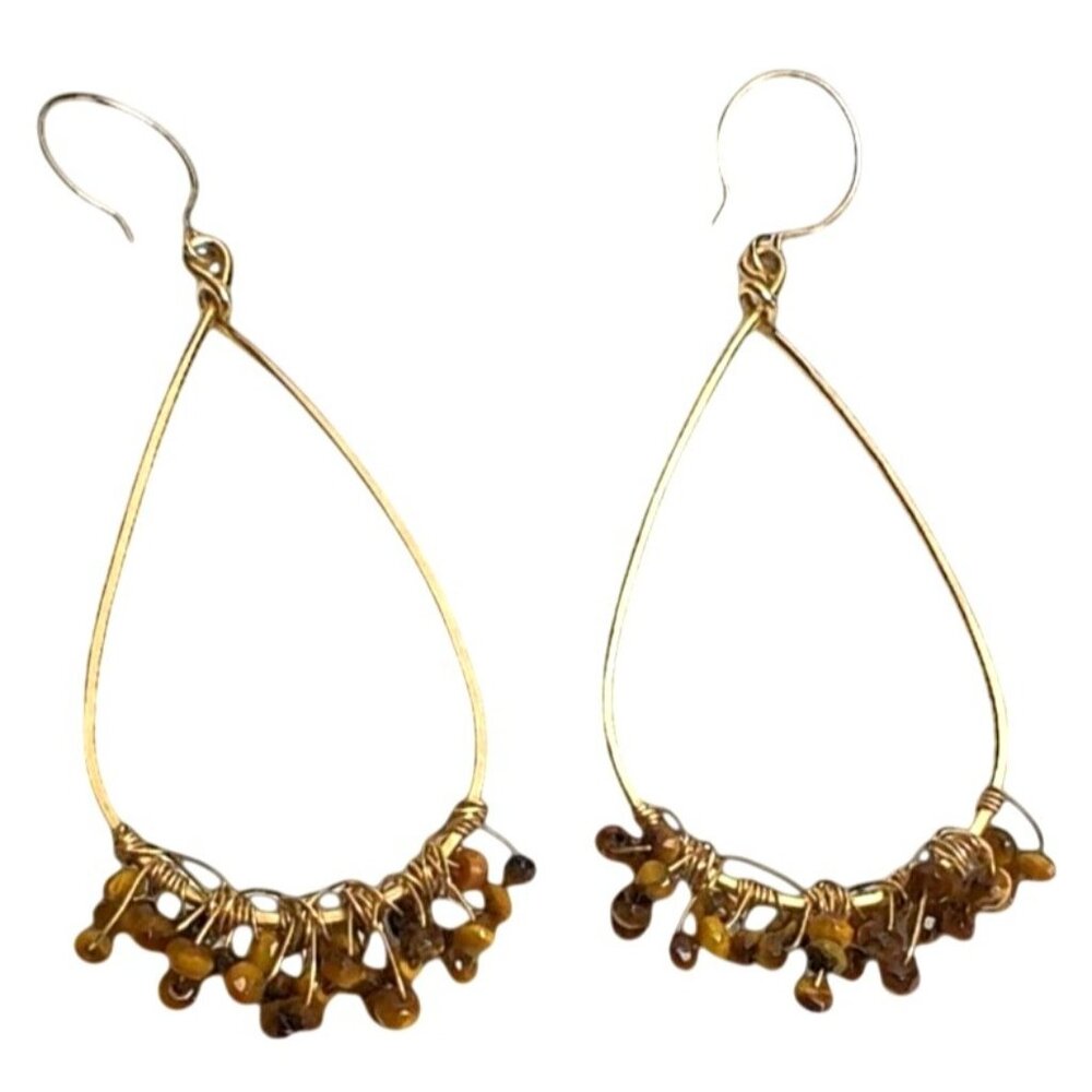 Tigers Eye Stone Teardrop  Earrings Gold Plated